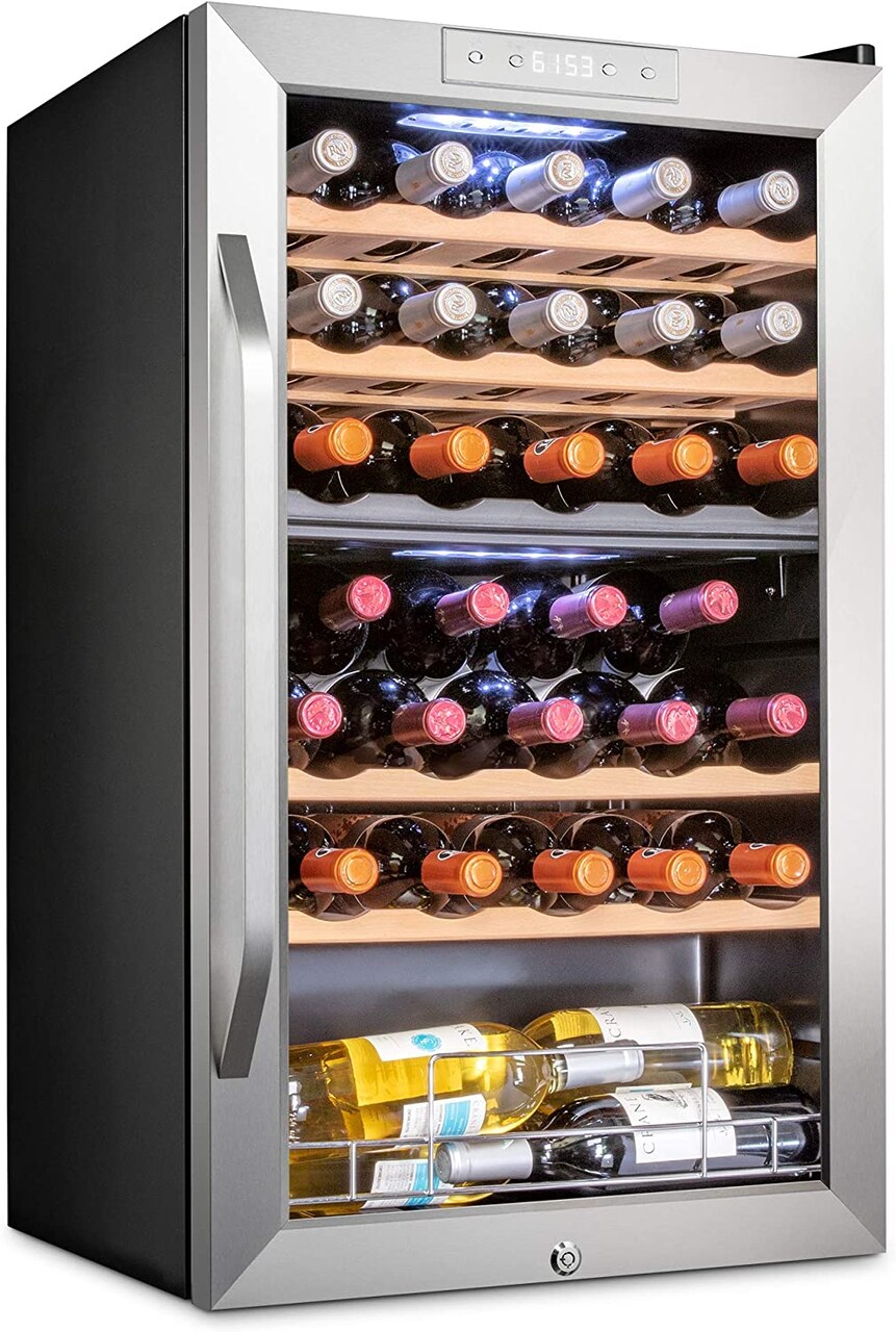 Ivation 33-Bottle Dual Zone Wine Cooler, Stainless Steel Freestanding Wine Fridge with Lock